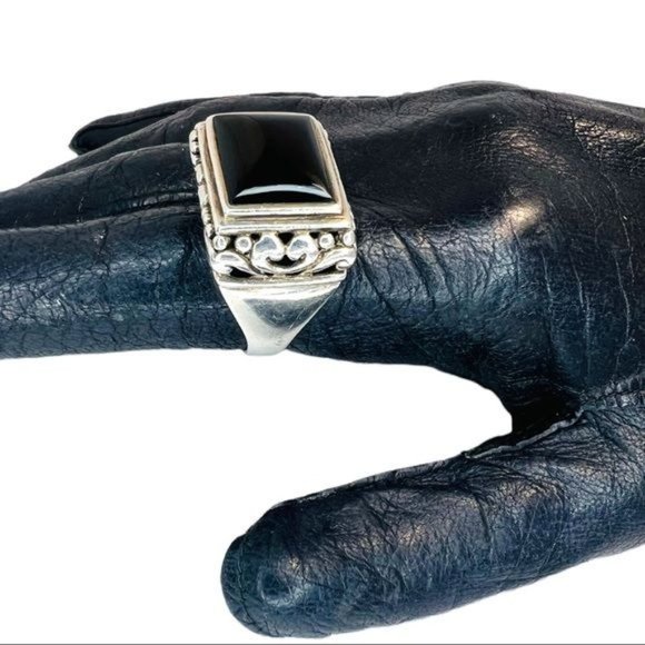 925 Thailand Silver Filigree Large Square Statement RingW/ Black Onyx Cabochon - Picture 4 of 13